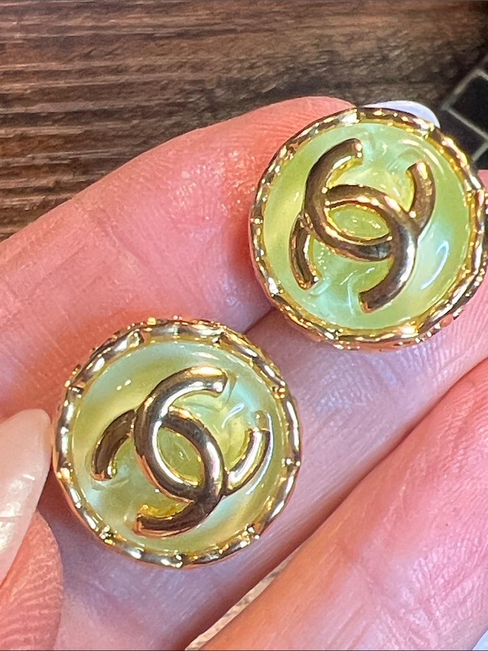 Gold-Tone Logo Button Earrings with Pale Green Enamel